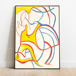 Cette œuvre abstraite colorée présente des formes et des lignes ondulées de différentes couleurs vives, telles que le jaune, le rouge et le bleu, qui créent une composition dynamique et expressive.