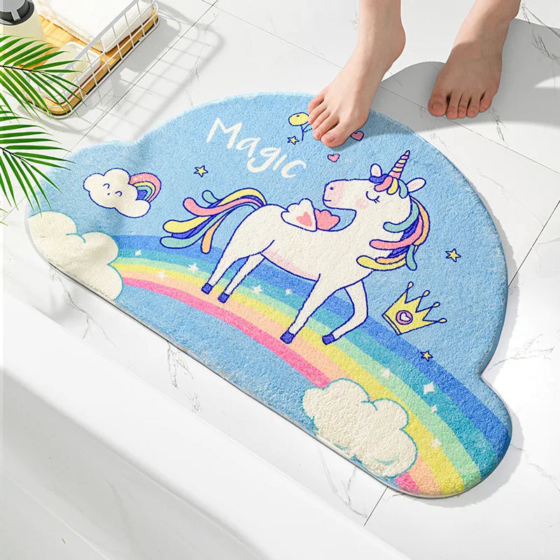 tapis bain licorne arc ciel nuages étoiles adhésif antidérapant bleu rose violet blanc cartoon