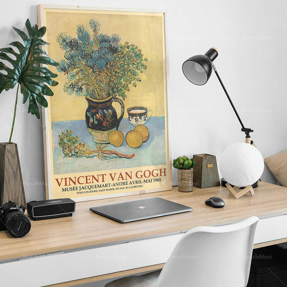 Affiche encadrée de l'exposition Vincent van Gogh au Musée Jacquemart-André, présentant une nature morte avec un pot fleuri et des citrons.