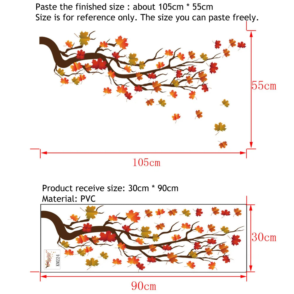 sticker mural feuilles d'érable automne rouge orange naturel adhésif intérieur 105cm 55cm moderne décoration