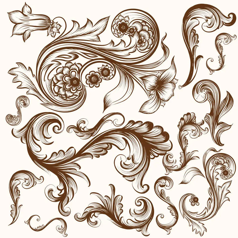 timbres vintage baroques motifs floraux ornements feuilles fleurs marron clair décoration artisanale scrapbooking