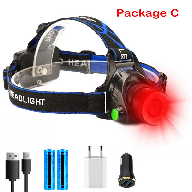 lampe frontale led zoomable faisceau rouge course camping randonnée ceinture interrupteur moderne noire bleue
