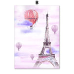 Une scène romantique de Paris avec la tour Eiffel et des montgolfières colorées volant dans le ciel.