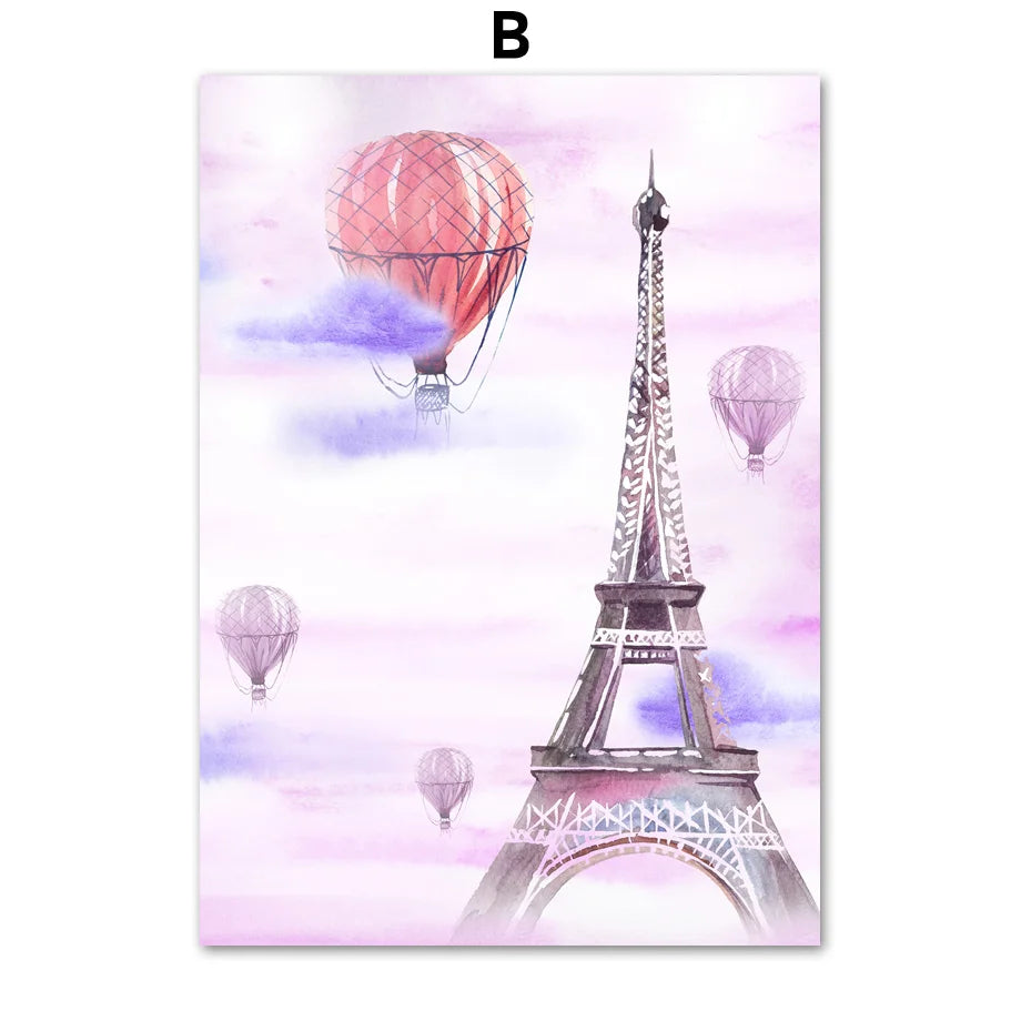 Une scène romantique de Paris avec la tour Eiffel et des montgolfières colorées volant dans le ciel.