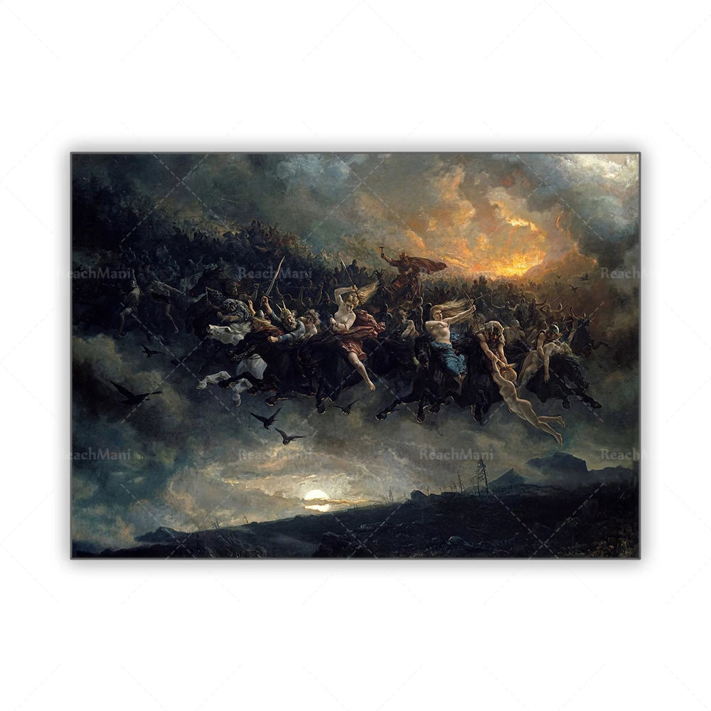 Une fresque de combat épique représentant une foule de figures mythologiques dans une scène de dévastation.