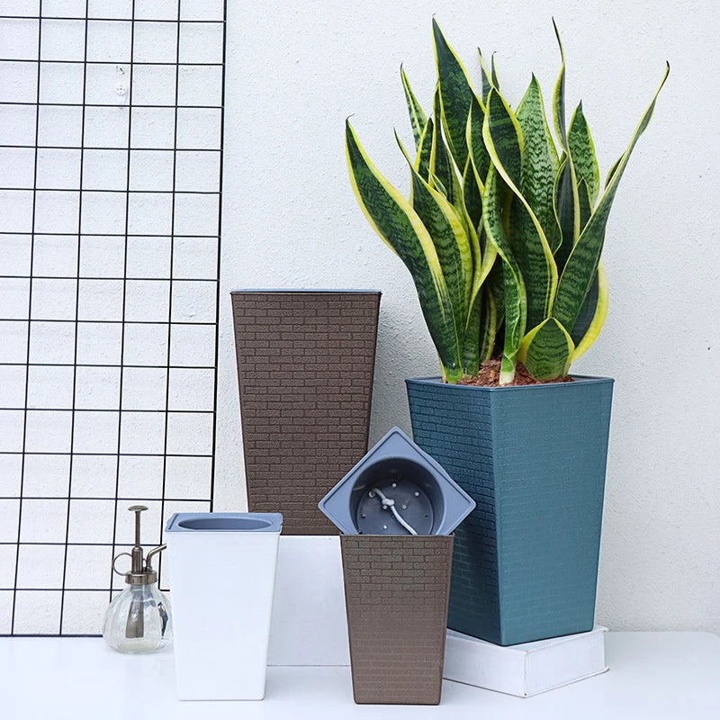 Pot fleurs moderne brique bleu marron gris blanc opacité jardinage plantes vertes