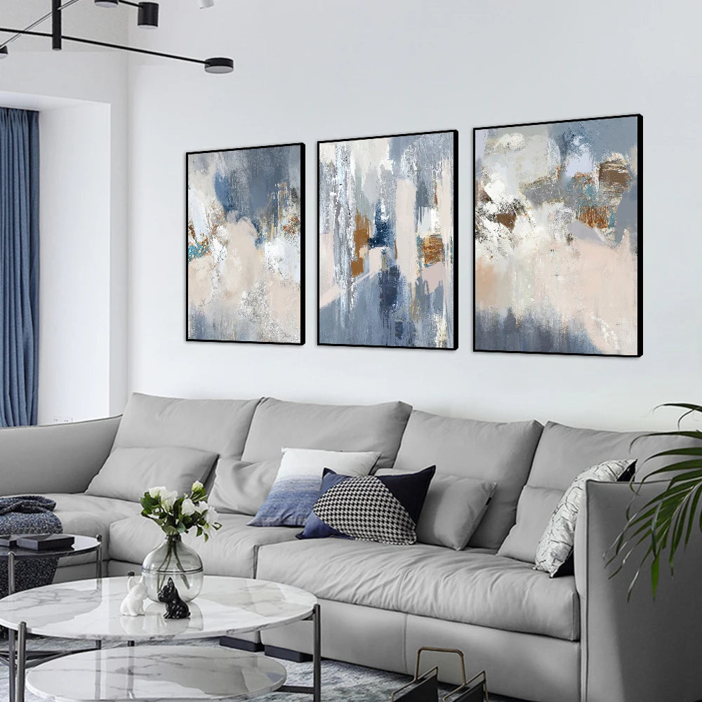 tableau abstrait contemporain bleu gris beige blanc marron peinture toile haut qualité décoration intérieure