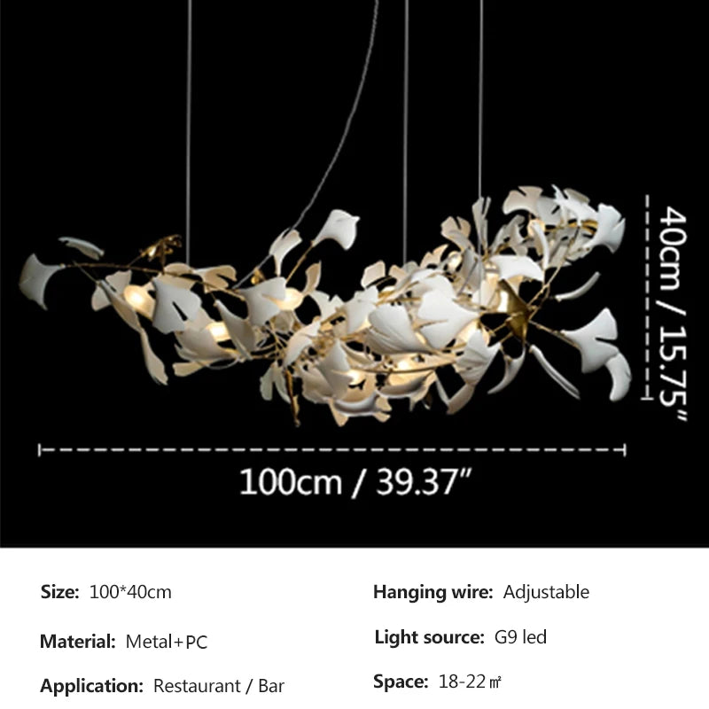 lampe suspendue feuilles gingko blanc doré contemporaine élégante salon chambre lumière chaînes porcelainière
