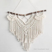 décoration murale macramé bohème blanc cassé beige clair tresses franges géométrique