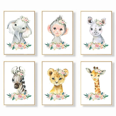 Tableau animaux aquarelle lion girafe pour chambre bébé