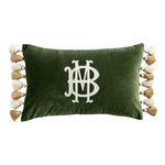 coussin carré vert foncé monogramme blanc velours tassel beige moderne brodé environnemental taie d'oreiller