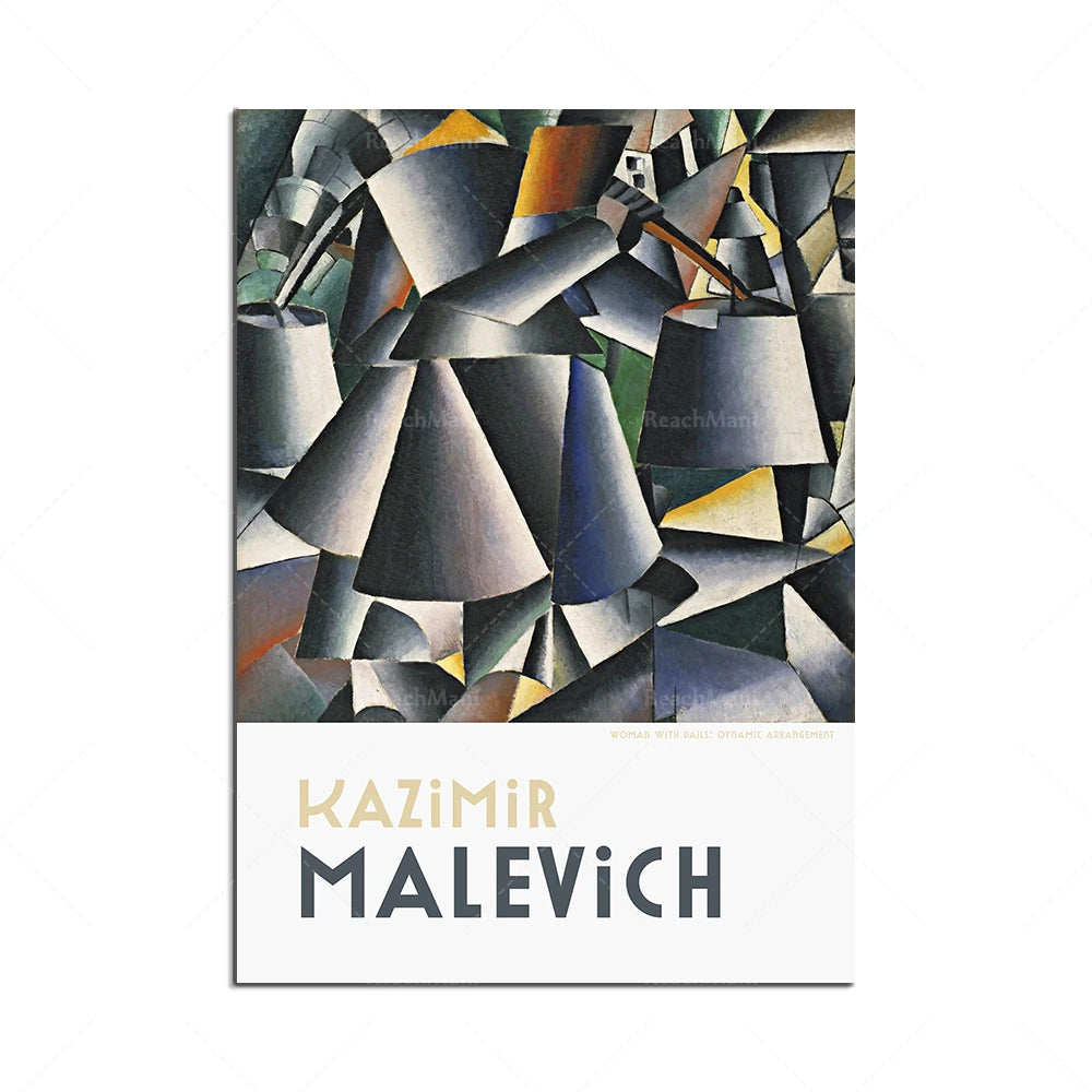L'image présente une œuvre abstraite aux formes géométriques et angulaires, avec une dominante de teintes grises et de touches de couleurs vives. Le titre indique qu'il s'agit d'une œuvre du peintre russe Kazimir Malevitch, célèbre pour son style cubiste.