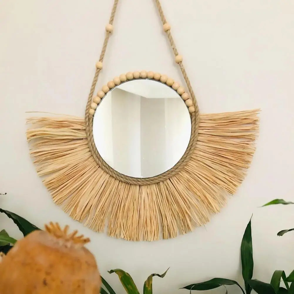 Miroir suspendu en rotin et acrylique de couleur rouge, idéal pour chambre à coucher