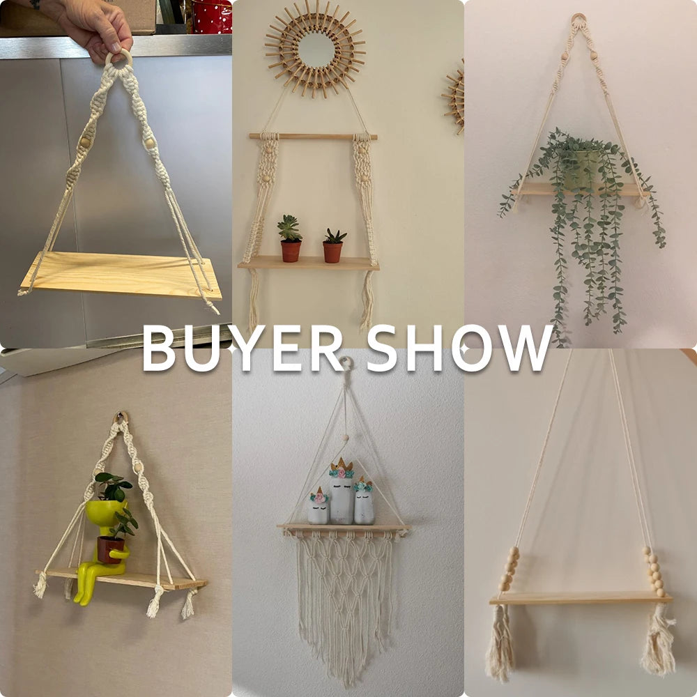 étagères suspendues boho blanc macramé bois rustique anneaux métalliques chambre salon étude decoration cadeau
