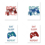 Des illustrations ludiques de contrôleurs de jeux vidéo avec les mots "Boys Rule", "Eat Sleep Repeat", incarnant l'esprit et le mode de vie des joueurs passionnés.
