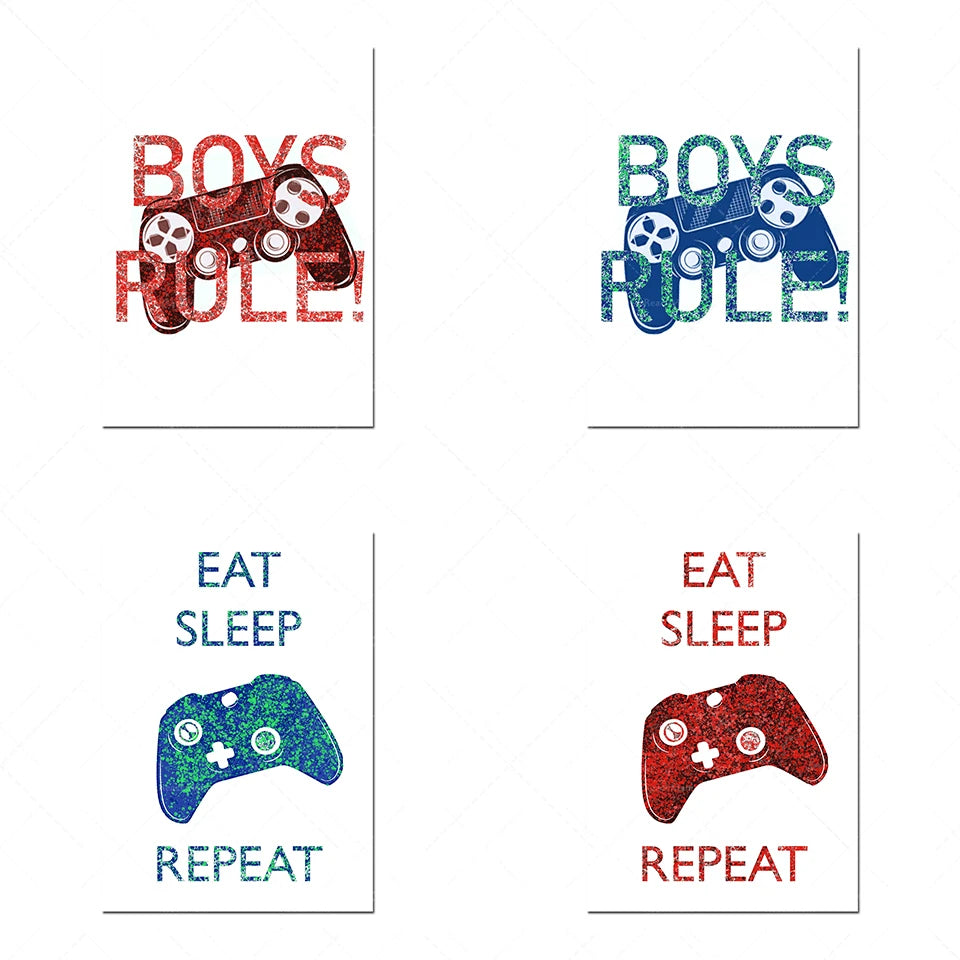 Des illustrations ludiques de contrôleurs de jeux vidéo avec les mots "Boys Rule", "Eat Sleep Repeat", incarnant l'esprit et le mode de vie des joueurs passionnés.