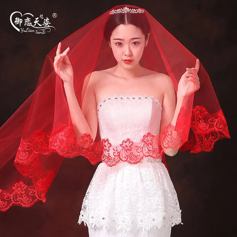 voile mariée femme rouge blanc dentelle bordure clips classique translucide adultère unique