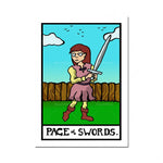 Une femme couragée armée d'une épée se tient debout dans un paysage verdoyant sous un ciel bleu rempli d'oiseaux, représentant la carte de tarot "Page des épées".