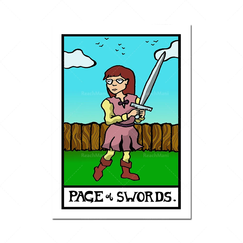 Une femme couragée armée d'une épée se tient debout dans un paysage verdoyant sous un ciel bleu rempli d'oiseaux, représentant la carte de tarot "Page des épées".