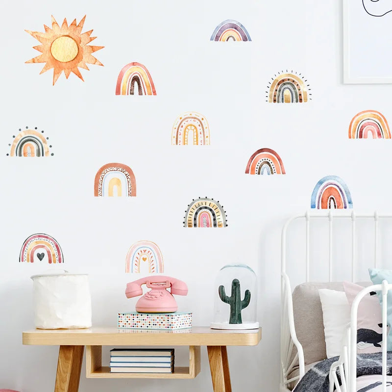 sticker mural arc ciel soleil boho multicolore adhésif chambre enfant décoration maison