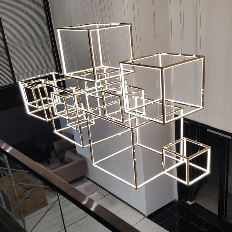 suspension moderne or blanc géométrique forme cubique minimaliste led aluminium
