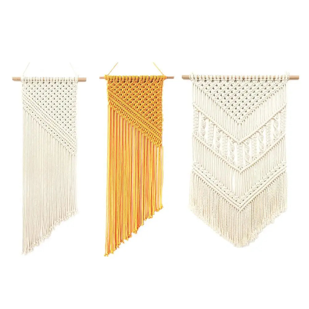 décoration murale macramé géométrique bohème franges suspendu tige bois ethnique artisanal triangles losanges