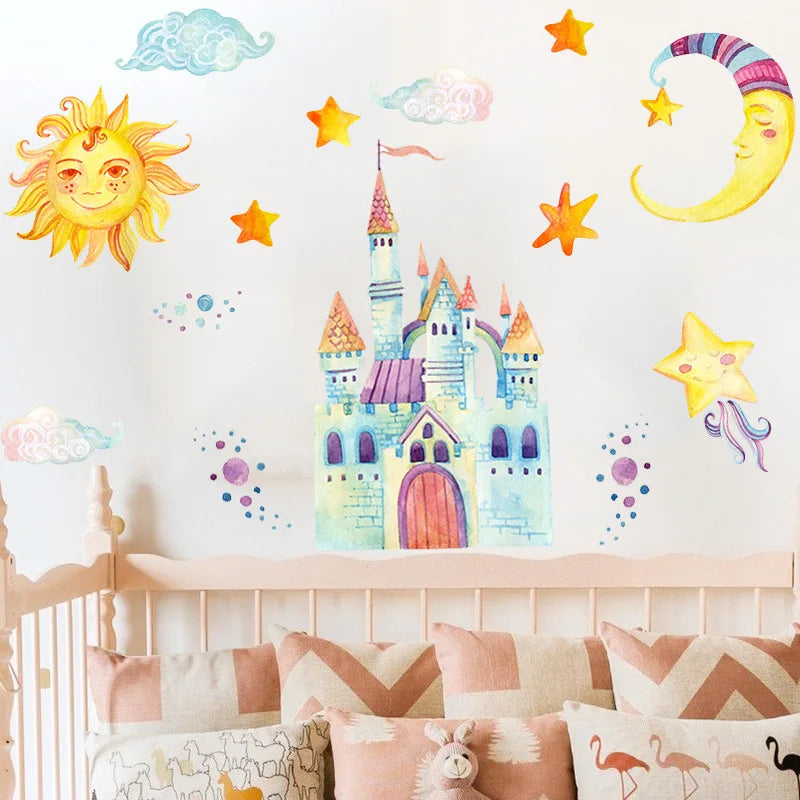 sticker mural dessin animé château soleil lune enfant decoratif adhesif multicolore chambre enfants