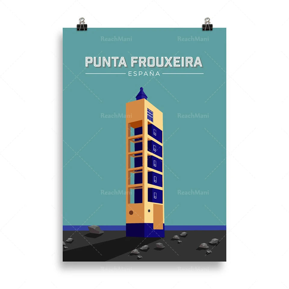 Cette image montre une illustration stylisée d'un phare coloré et unique, situé dans la ville de Punta Frouxeira en Espagne.