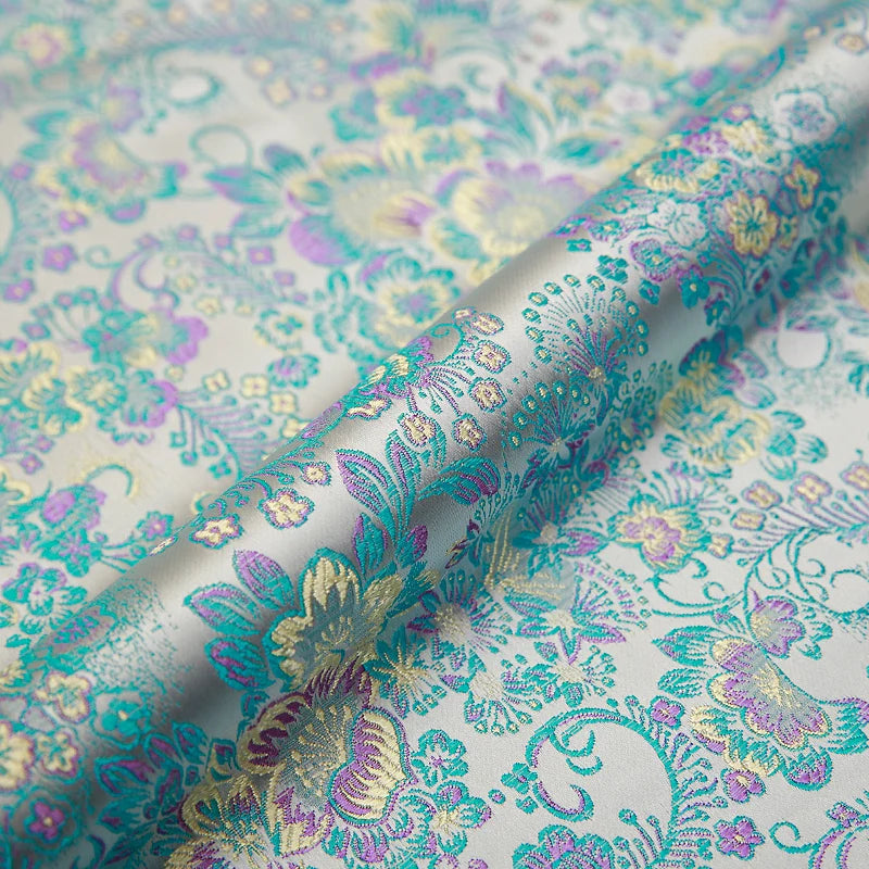 tissu brocart fleurs rouge rose jaune bleu polyester durable qualité jacquard teint decoration materiau