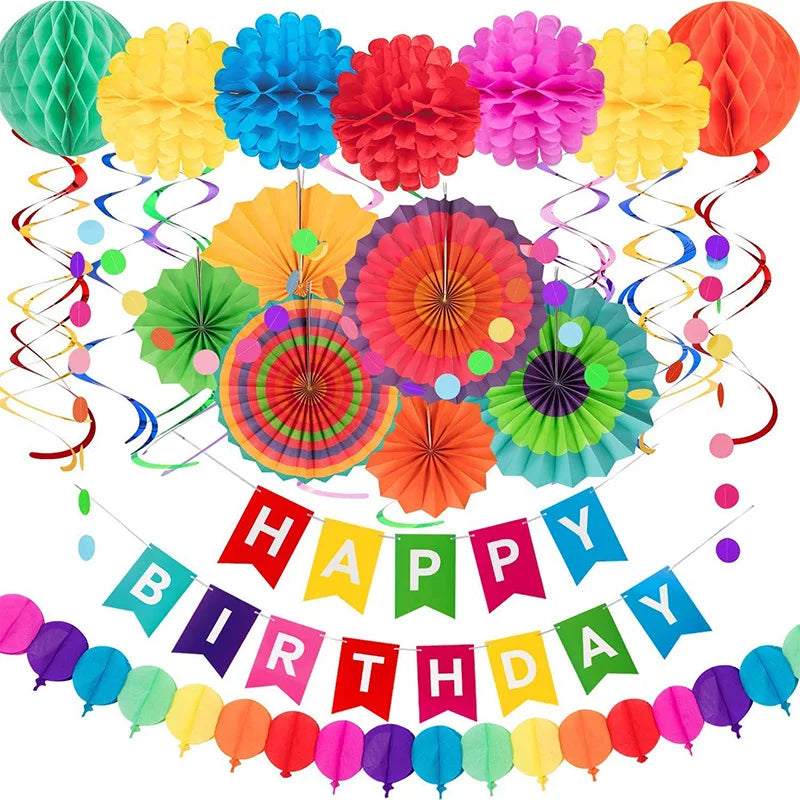 décoration fête multicolore guirlande happy birthday ballons spirales festives papier plissé pois colorés
