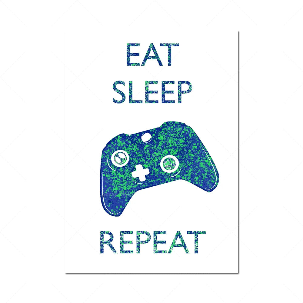 Un manette de jeu avec le texte "Eat, Sleep, Repeat" en couleurs bleues et vertes.