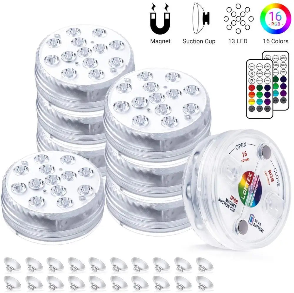 lampe led submersible ip68 13 diodes ronde transparente moderne aimant tasse succion piscine étang