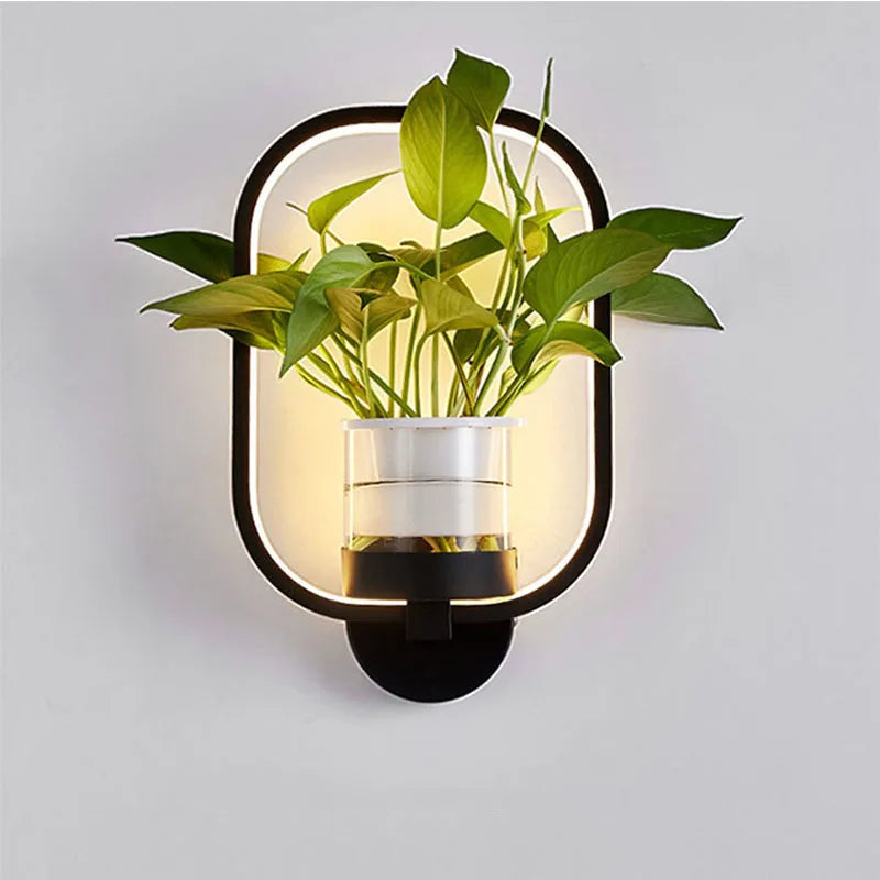 lampe murale moderne pot plante intégré noir blanc plante verte structure géométrique minimaliste étude