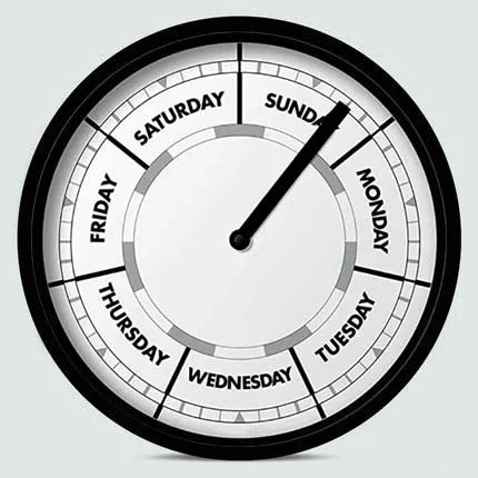 horloge murale jour semaine cadran argenté face blanche moderne minimaliste quartz aiguille salon
