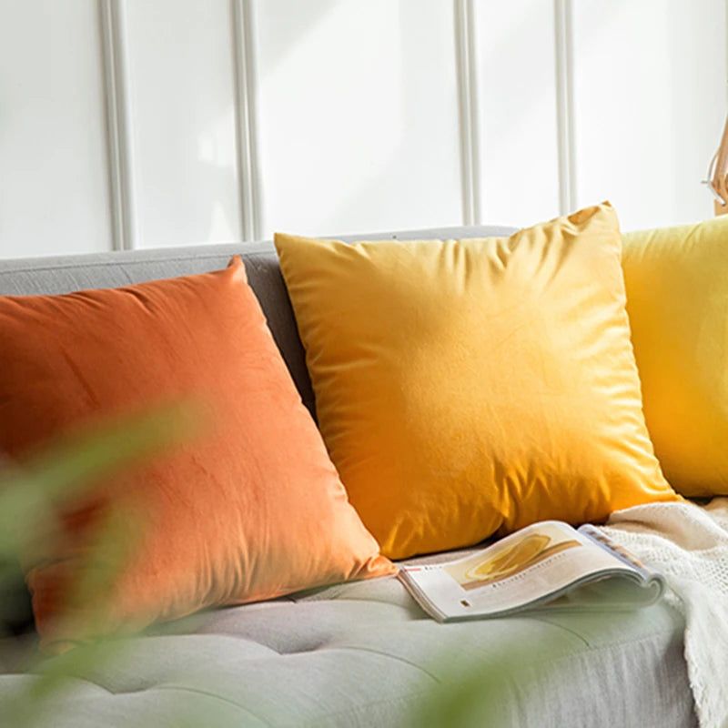 coussin velours moderne 50x50cm bleu vert orange gris sans fixations machine lavable
