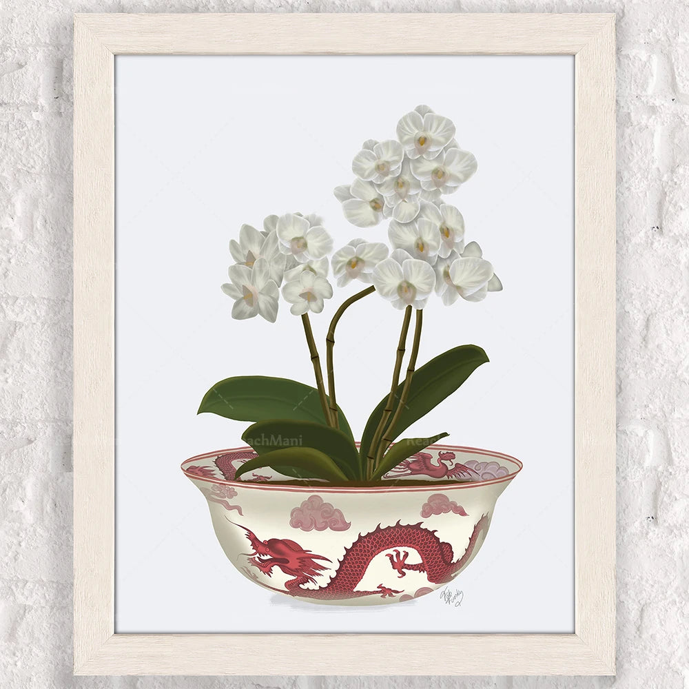 Des fleurs d'orchidée blanches épanouies dans un vase orné de motifs de dragon rouge.