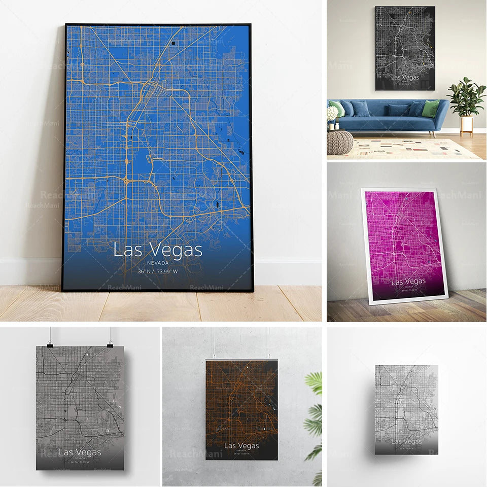 La carte de la ville de Las Vegas exposée dans différents styles de conception, avec des tonalités bleues, violettes et grises.