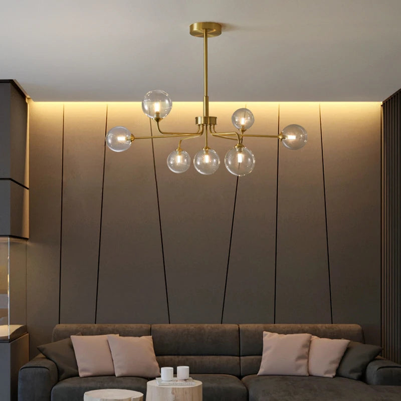 suspension lumineuse moderne or blanc sphères translucides structure métallique interrupteur tactile led