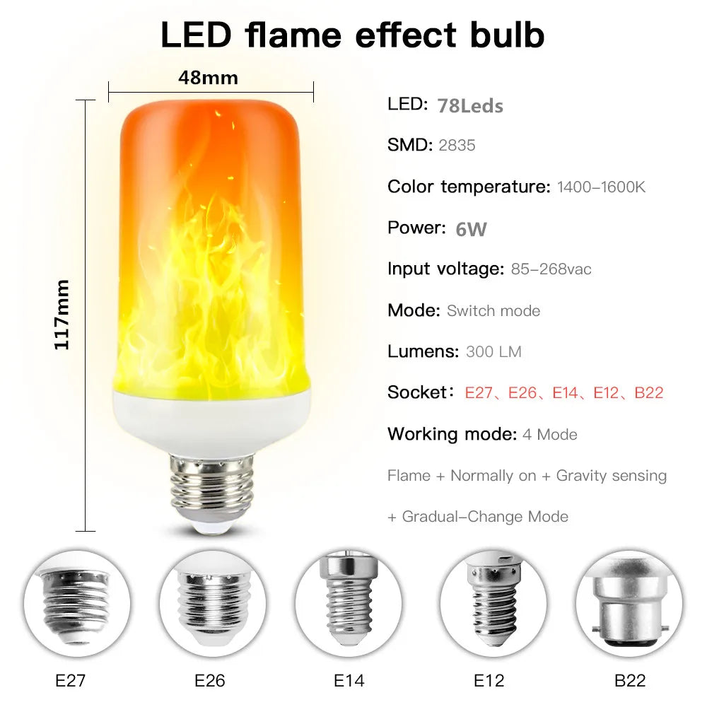 ampoule led effet flamme moderne 3w 6w 8w e27 e14 b22 blanc orange jaune