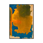Une œuvre d'art abstraite aux couleurs chaudes et dynamiques, avec des formes organiques et une palette de jaune, orange et bleu.