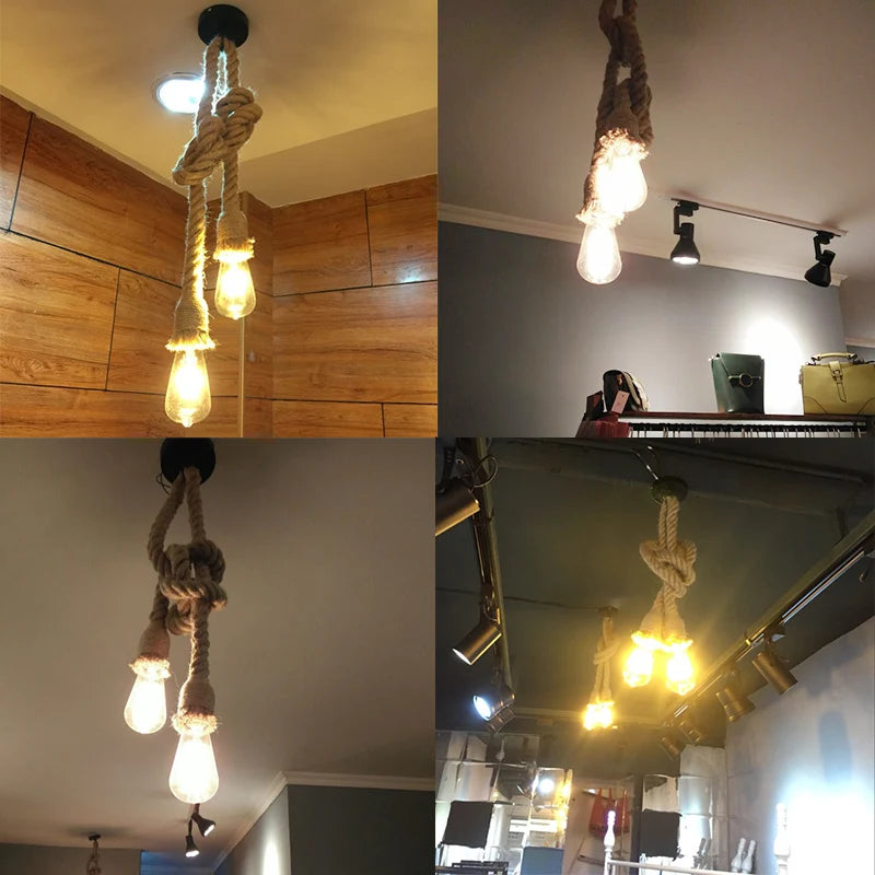 suspension lumineuse industrielle corde tressée marron clair ampoules 249 2000 lumens chambre salon étude