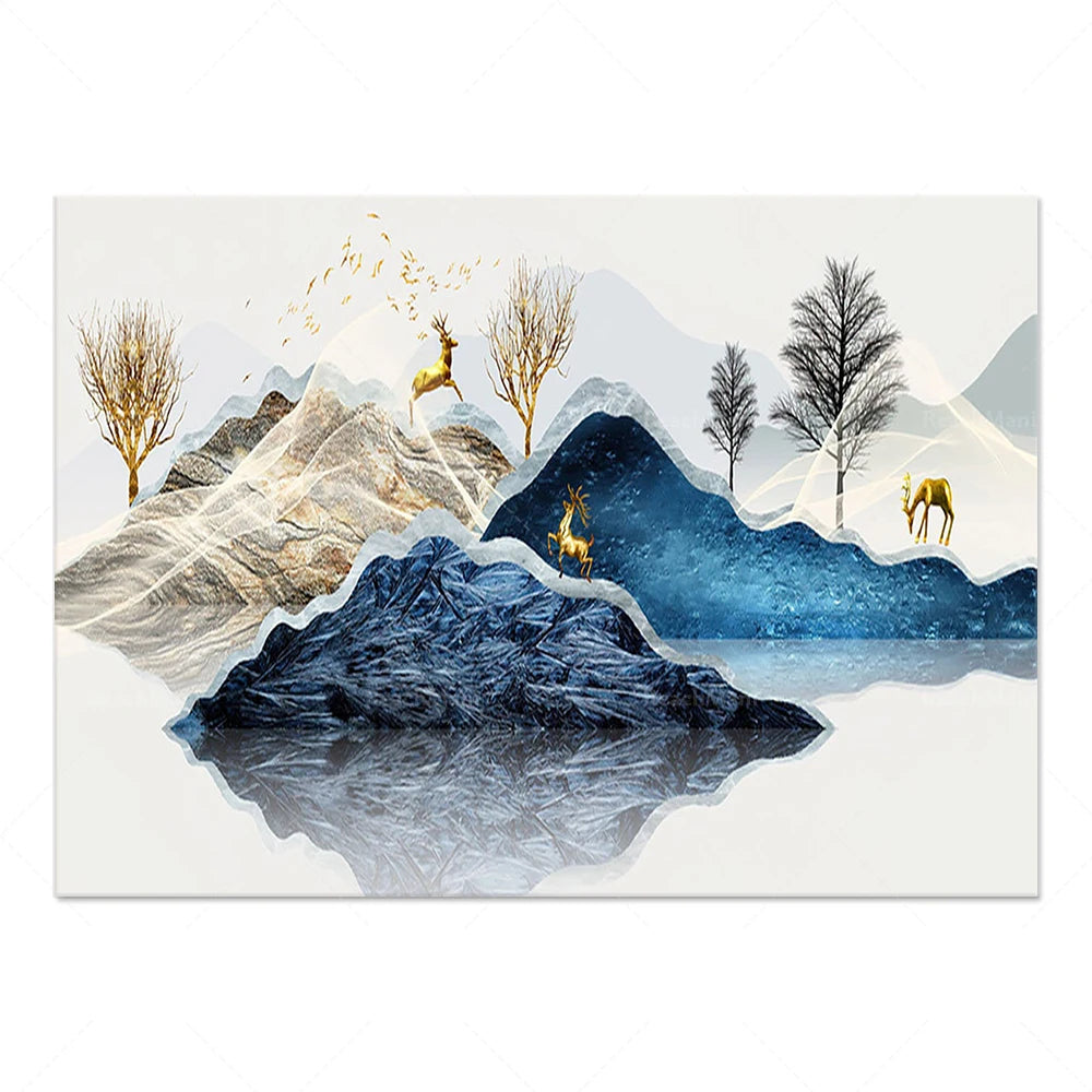 Un paysage hivernal peint avec des montagnes, des arbres nus, des cerfs et un lac gelé reflétant le ciel.