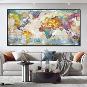 affiche carte monde abstraite couleur aquarelle toile moderne décoration murale fond vieilli cadre artistique