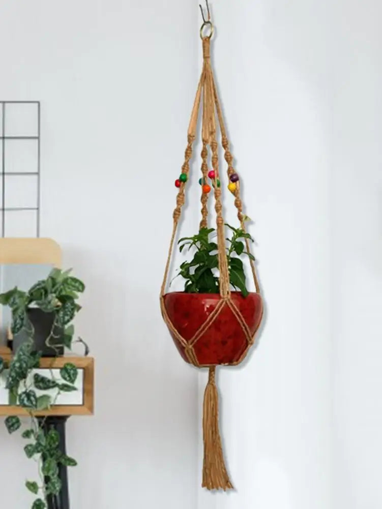 porte plantes suspendus macramé bohème artisanal couleur rouge unique rusticitéintérieurDecoration
