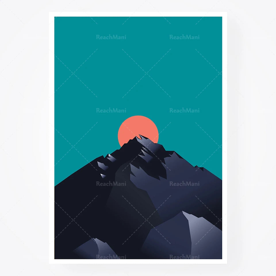 Silhouette de montagnes majestueuses se dressant contre un ciel turquoise au coucher du soleil.