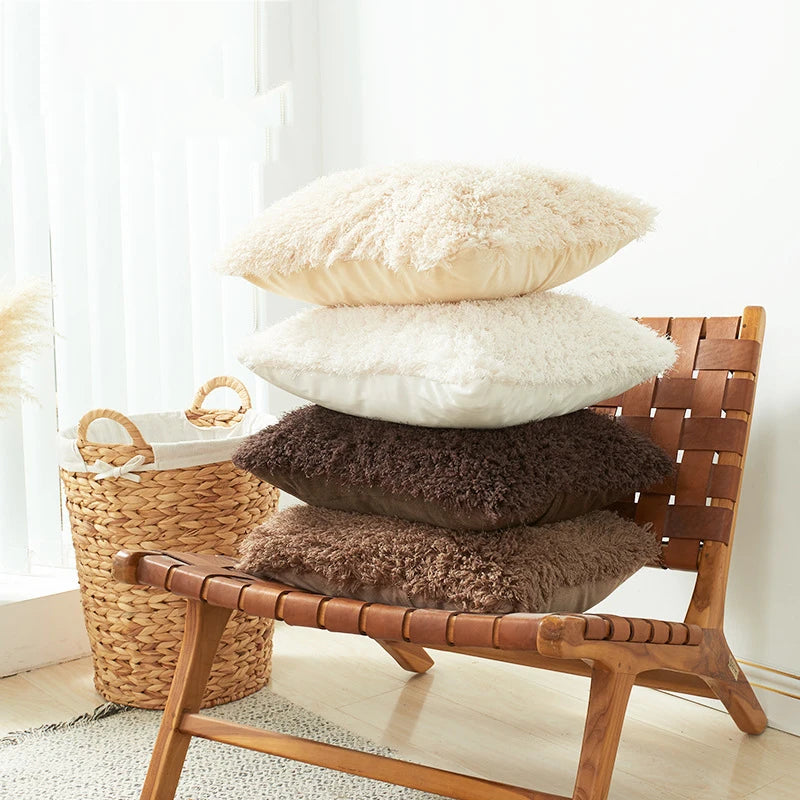 housses coussin décoratives polyester solides beige bleu blanc marron modernes opaques carrées rectangulaires fixations