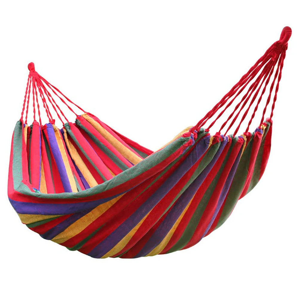 hamac rayures horizontales bleu rouge simple rustique sac rangement cordelettes suspension