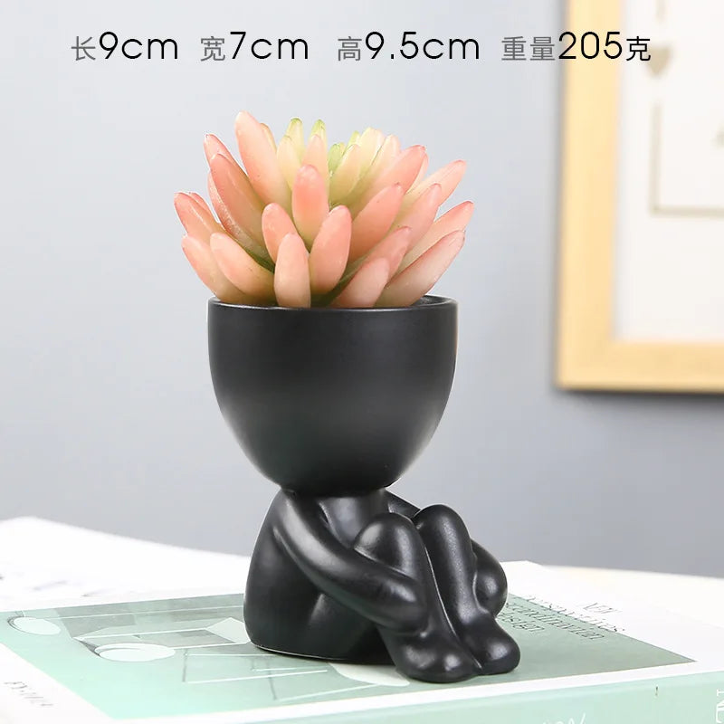 cache pot céramique blanc noir personnage assis contemporain plante succulente minimaliste ornement décoration artisanale