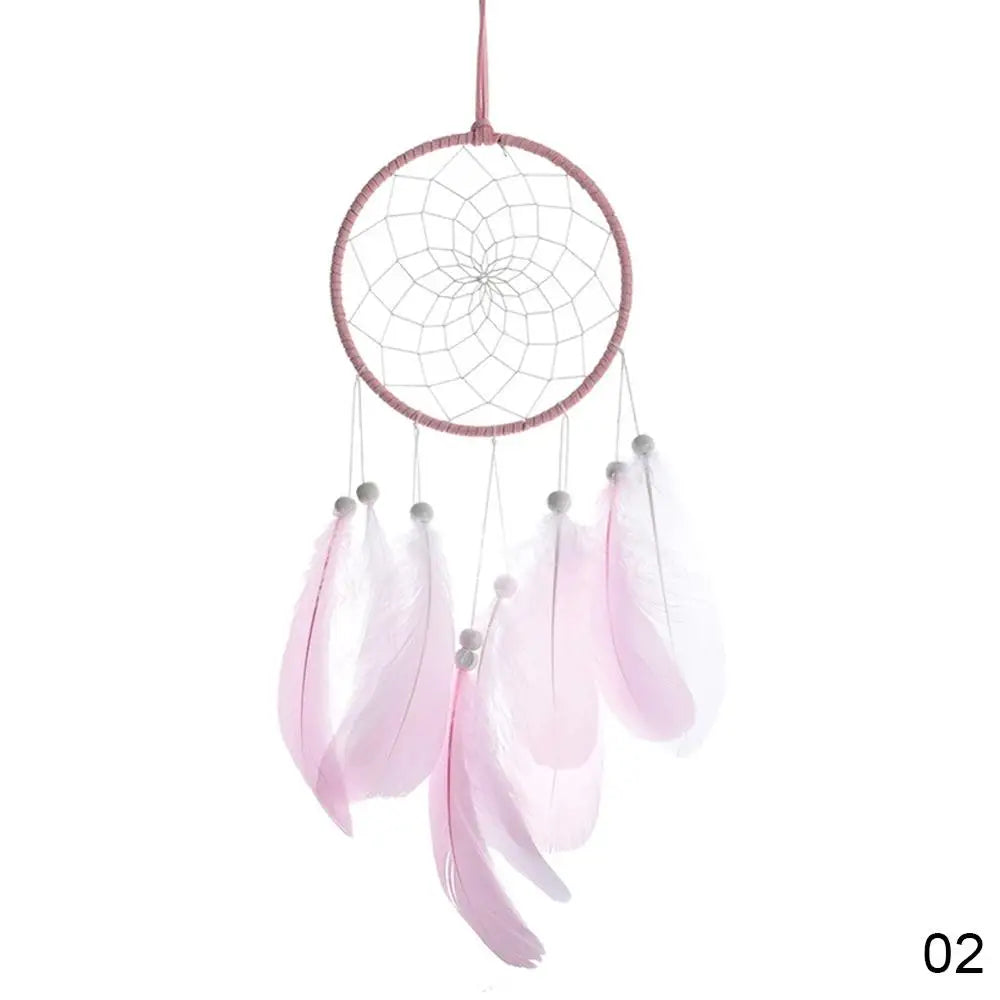 attrape rêves traditionnel plumes bois blanc rose violet bleuclair fil suspension