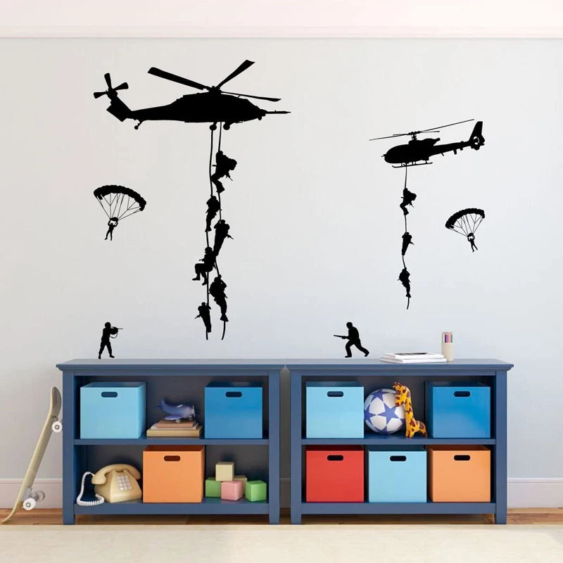sticker mural hélicoptère parachutistes noir adhésif chambre ado minimalisteintérieur decoration auto colle